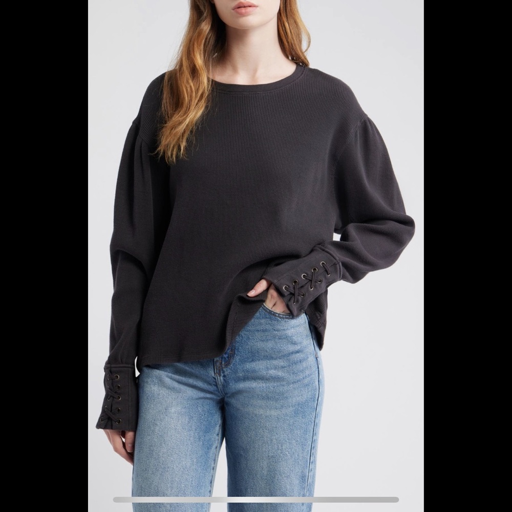 Free People Lapis Lace up cuff cotton thermal top black NWT!